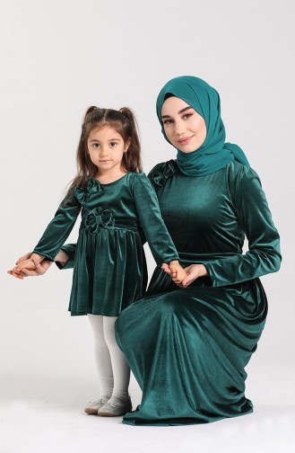 Kadife Anne Kız Kombin Elbise 2021-01 Zümrüt Yeşil