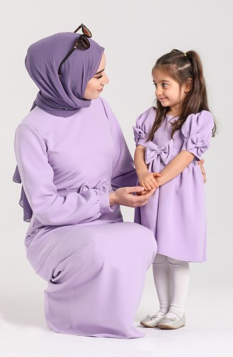 Fiyonklu Anne Kız Kombin Elbise 2023-01 Lila