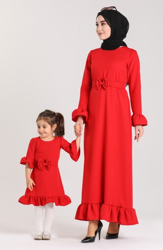 Eteği Büzgülü Çocuk Elbise 2028-01 Kırmızı