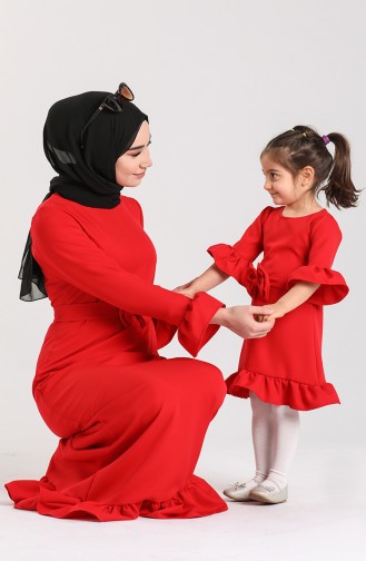 Eteği Büzgülü Çocuk Elbise 2028-01 Kırmızı
