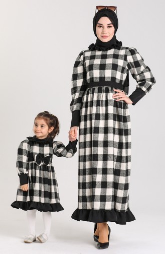 Kareli Anne Kız Kombin Elbise 2033-01 Siyah Beyaz