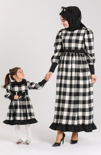 Kareli Anne Kız Kombin Elbise 2033-01 Siyah Beyaz