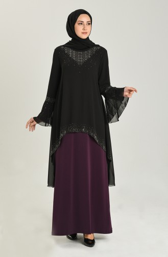 Plus Size Stone Printed Evening Dress 3278-09 Black Purple 3278-09