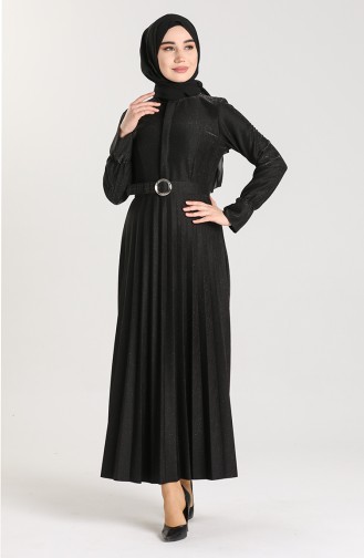 Kuşaklı Simli Elbise 5230-01 Siyah