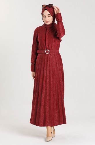 Kuşaklı Simli Elbise 5230-04 Bordo