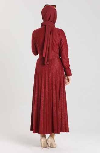 Kuşaklı Simli Elbise 5230-04 Bordo