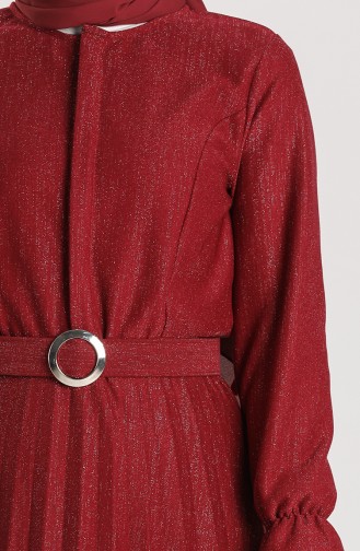 Kuşaklı Simli Elbise 5230-04 Bordo