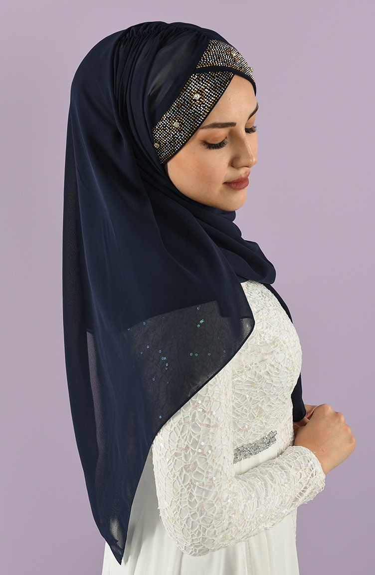 Kristal Taşlı Şifon Şal 9016-08 Lacivert