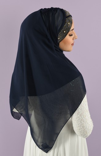 Kristal Taşlı Şifon Şal 9016-08 Lacivert