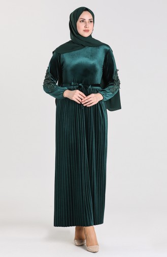 Büyük Beden Dantelli Kadife Elbise 0114-04 Zümrüt Yeşili