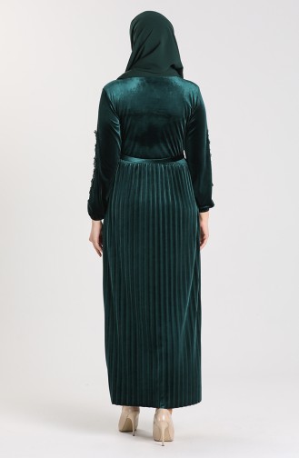 Büyük Beden Dantelli Kadife Elbise 0114-04 Zümrüt Yeşili