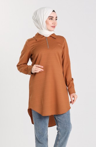 Fermuarlı Asimetrik Tunik 5551A-02 Taba