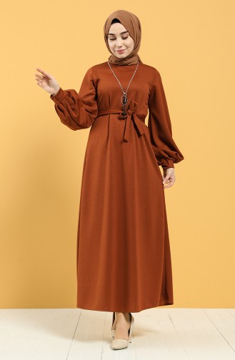 Kuşaklı Krep Elbise 5304-01 Taba