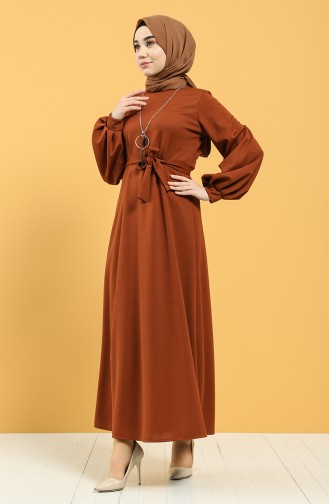 Kuşaklı Krep Elbise 5304-01 Taba