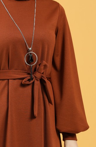 Kuşaklı Krep Elbise 5304-01 Taba