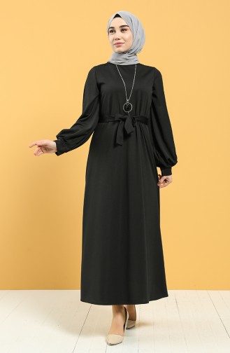 Kuşaklı Krep Elbise 5304-05 Siyah