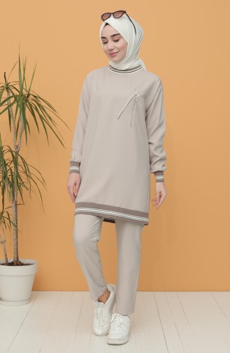 Fermuar Detaylı Tunik Pantolon İkili Takım 0312-08 Taş