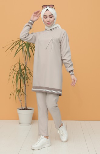 Fermuar Detaylı Tunik Pantolon İkili Takım 0312-08 Taş