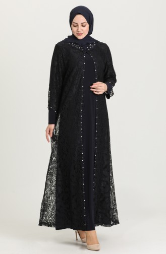 Navy Blue Hijab Evening Dress 9355-09