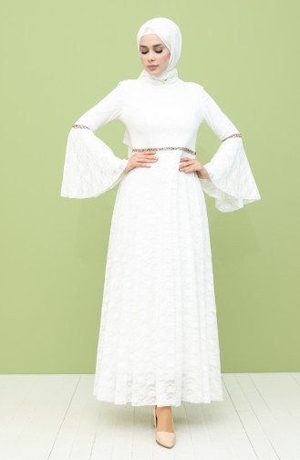 Dantelli Taş Şeritli Elbise 2052-01 Beyaz