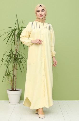 Boydan Düğmeli Nakışlı Elbise 21Y8246-04 Sarı