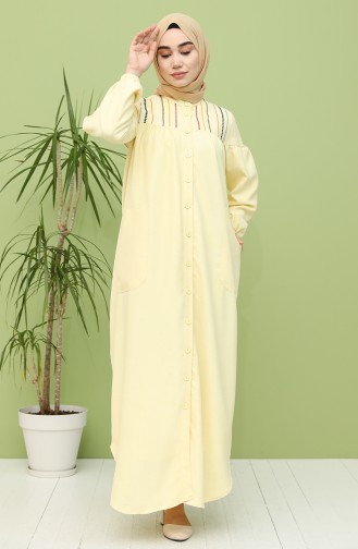 Boydan Düğmeli Nakışlı Elbise 21Y8246-04 Sarı