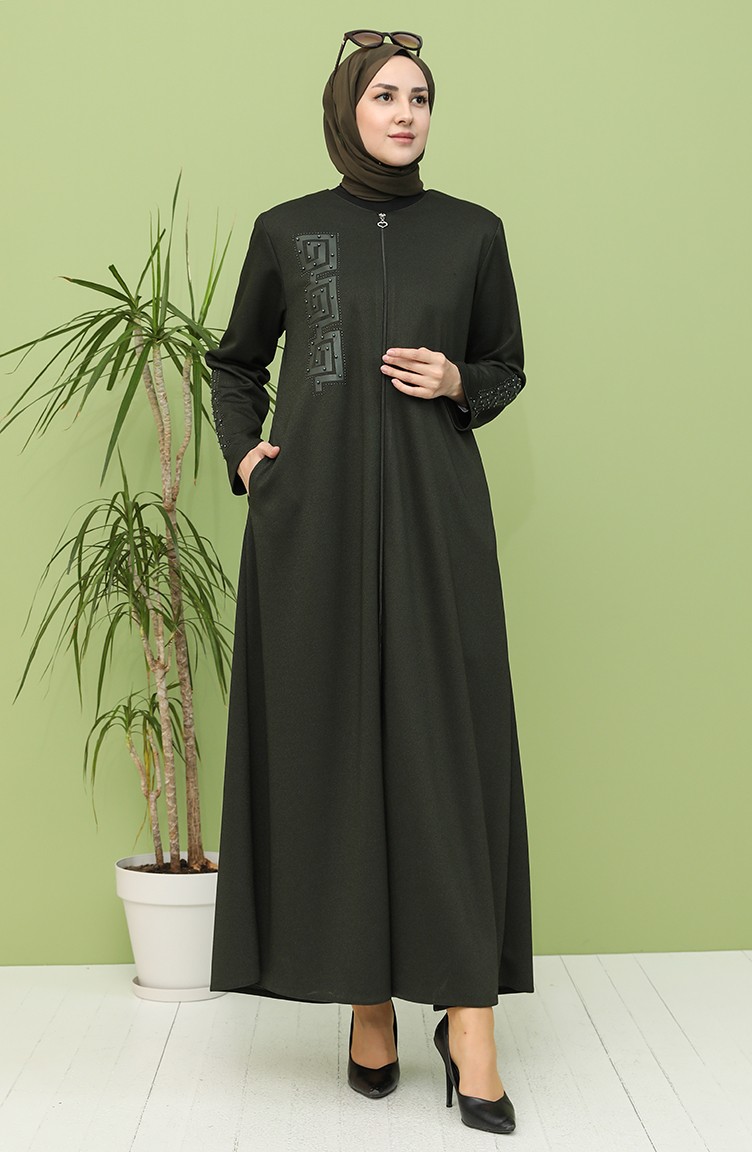 Buyuk Beden Baskili Fermuarli Ferace 2034 02 Zumrut Yesili Sefamerve