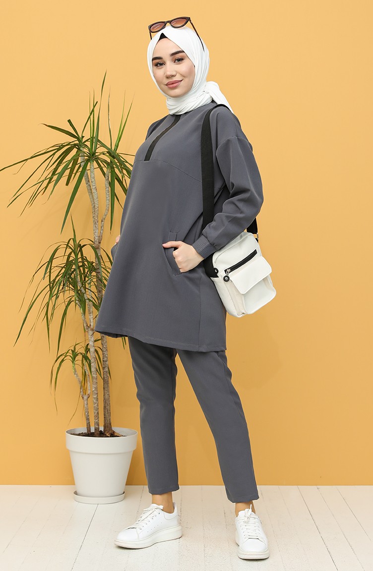Dabıl Kumaş Tunik Pantolon İkili Takım 2318-03 Antrasit