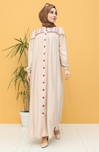 Boydan Düğmeli Kuşaklı Elbise 20Y8101-01 Bej