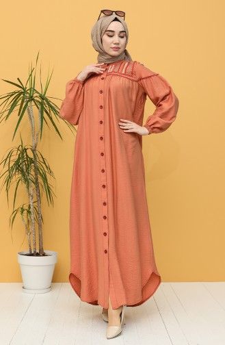 Boydan Düğmeli Kuşaklı Elbise 20Y8101-03 Kiremit
