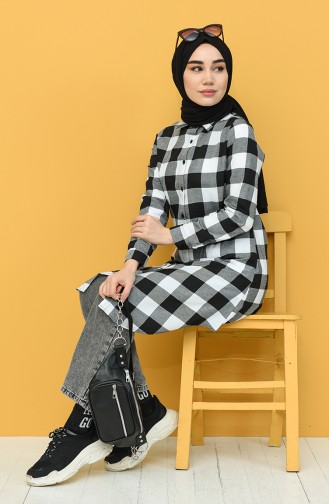 Kareli Tunik 6495-01 Siyah Beyaz