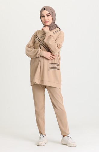 Şeritli Tunik Pantolon İkili Takım 15019-01 Bej