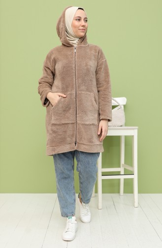 Kapüşonlu Peluş Hırka 2102-02 Vizon