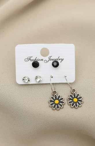 Papatya Figürlü Siyah Mineli Küpe VRL007-01 Gümüş