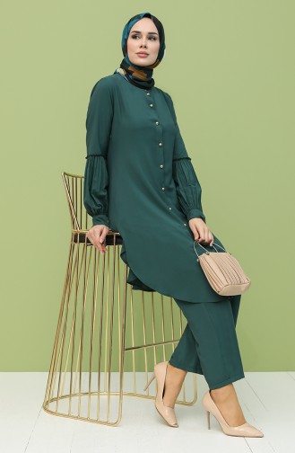 Kolyeli Tunik Pantolon İkili Takım 12010-01 Zümrüt Yeşili