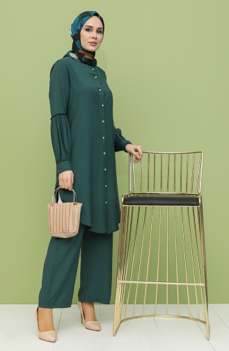 Kolyeli Tunik Pantolon İkili Takım 12010-01 Zümrüt Yeşili