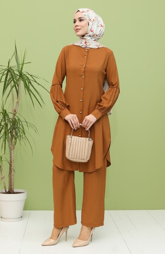 Kolyeli Tunik Pantolon İkili Takım 12010-03 Taba
