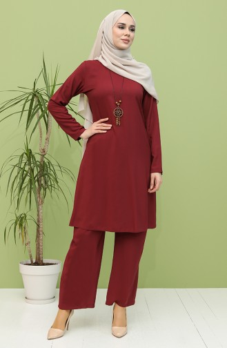 Kolyeli Tunik Pantolon İkili Takım 12011-04 Vişne