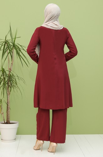 Kolyeli Tunik Pantolon İkili Takım 12011-04 Vişne