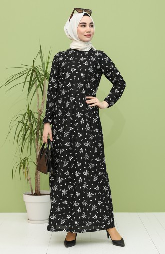 Desenli Elbise 4444-01 Siyah