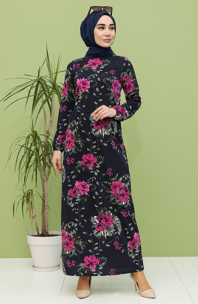 Desenli Elbise 8891-01 Lacivert