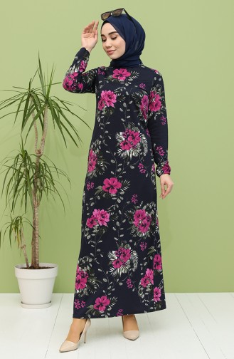 Desenli Elbise 8891-01 Lacivert