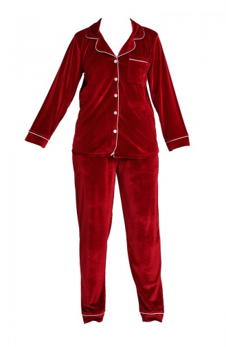 Kadife Düğmeli Pijama Takım 1540-01 Bordo