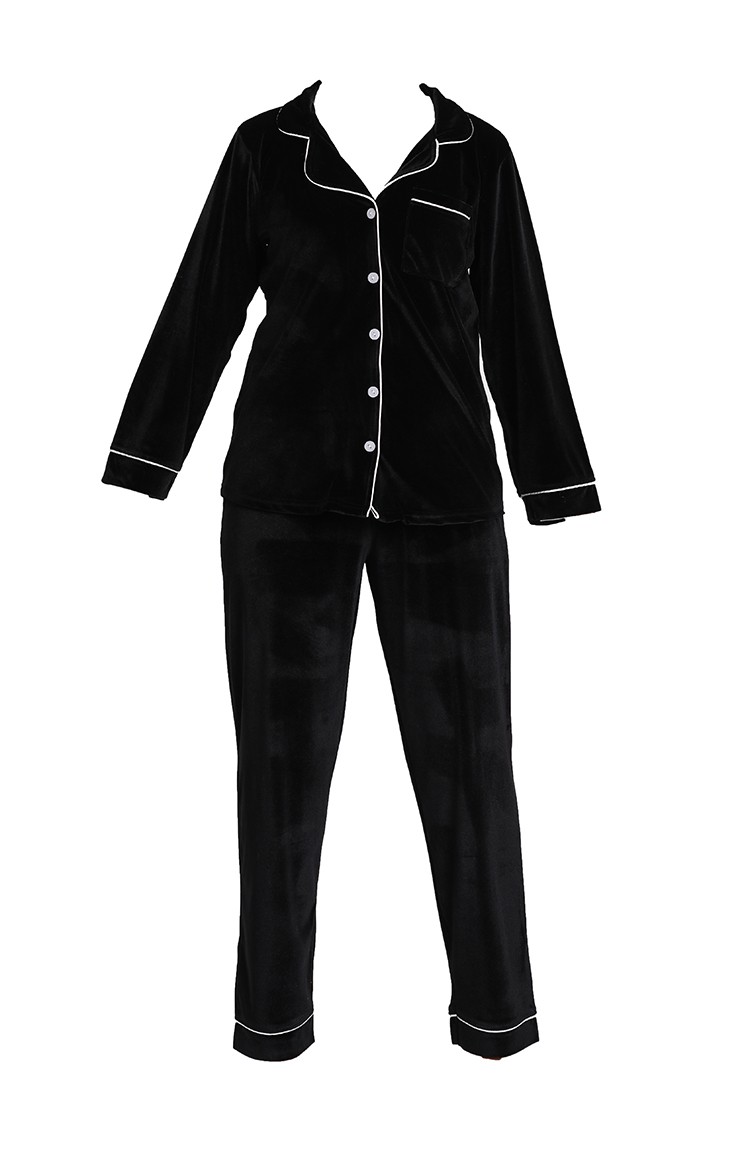 Kadife Düğmeli Pijama Takım 1540-03 Siyah