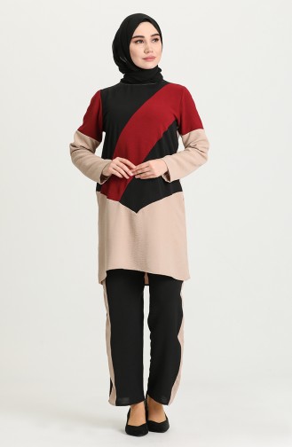 Aerobin Kumaş Tunik Pantolon ikili Takım 5023-04 Bordo Siyah