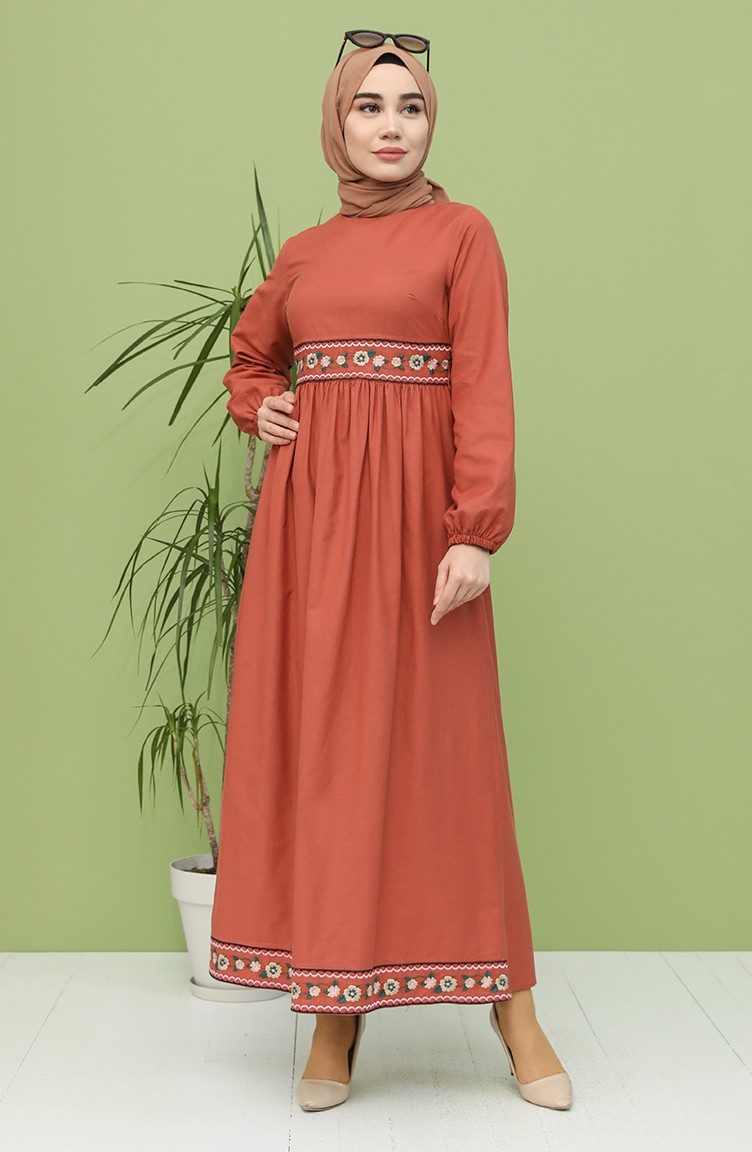 Nakışlı Elbise 21Y8235-07 Kiremit
