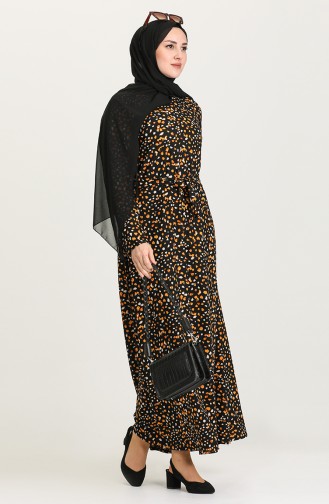 Büyük Beden Desenli Kuşaklı Elbise 4575A-01 Siyah Hardal