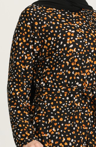 Büyük Beden Desenli Kuşaklı Elbise 4575A-01 Siyah Hardal