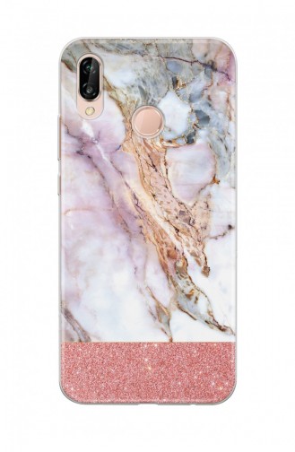 Pembe Simli Beyaz Mermer Tasarımlı Huawei P20 Lite Telefon Kılıfı We052