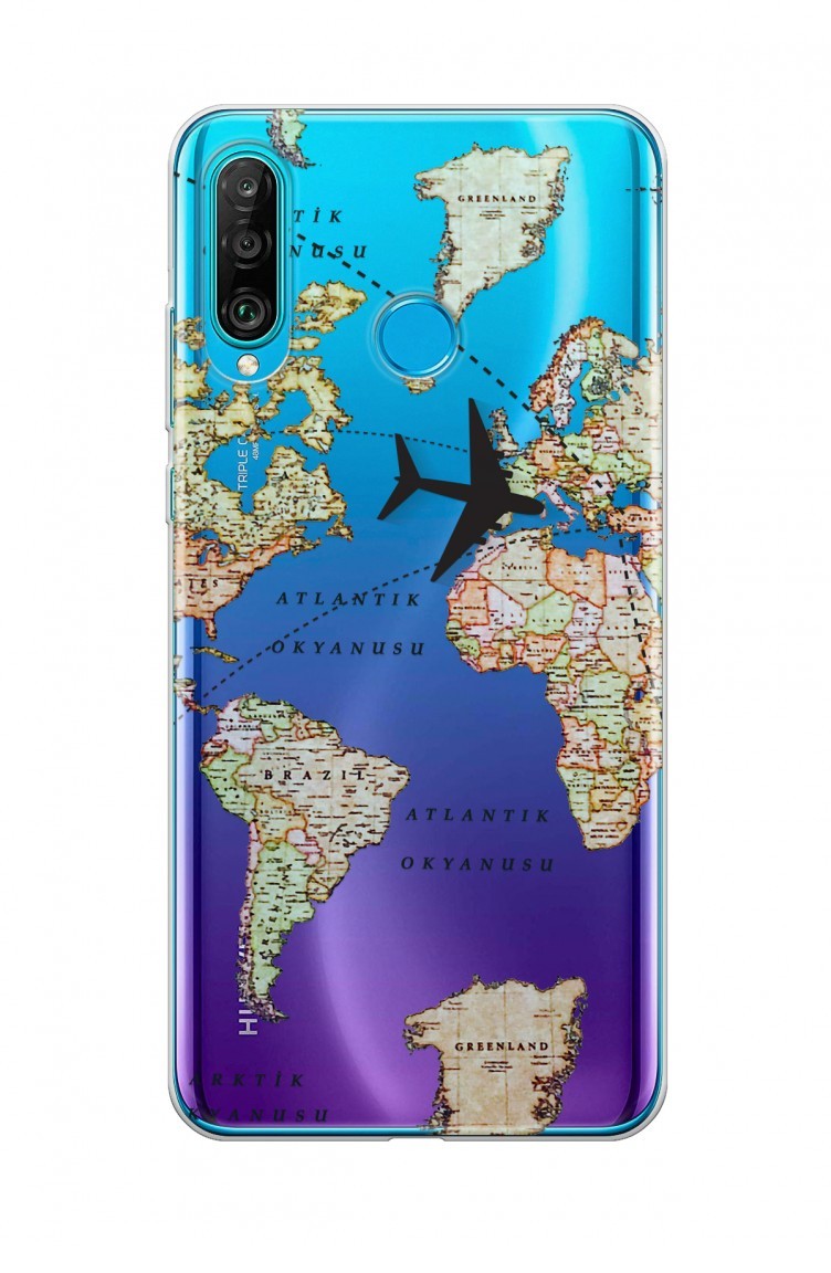 transparan dunya haritasi tasarimli huawei p30 lite telefon kilifi wd100